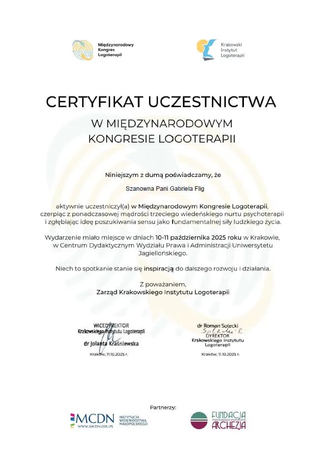 Certyfikat uczestnictwa w Międzynarodowym Kongresie Logoterapii